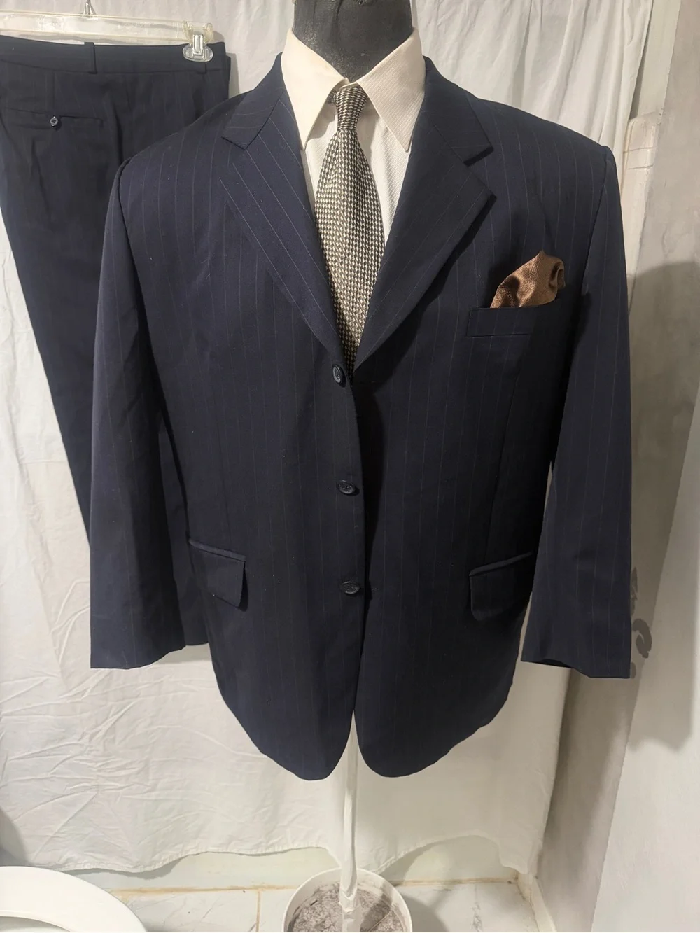 Men's Navy Pinstripe Two-Piece Suit with Brown Accessories